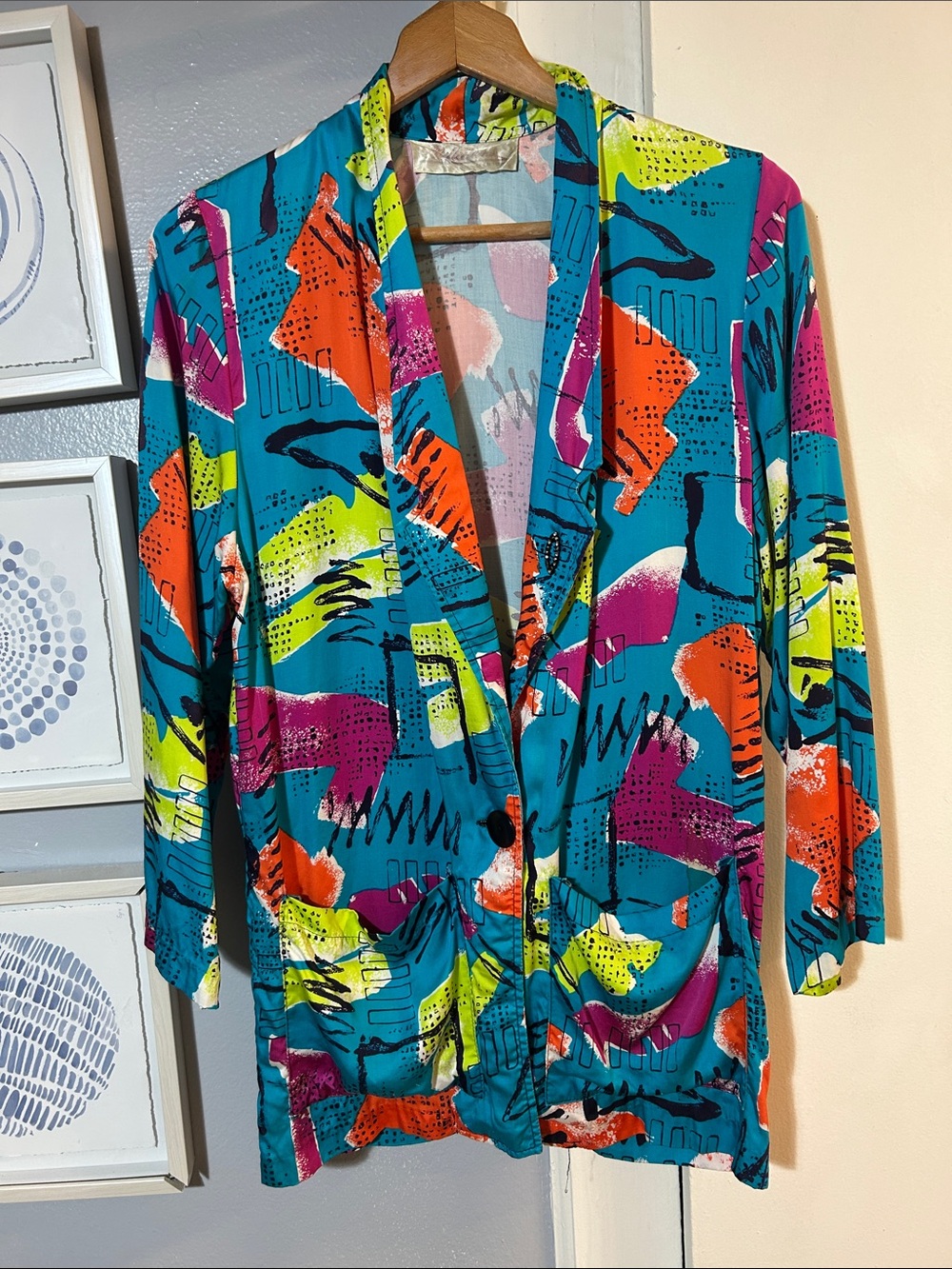 Vintage 80s Vibe Reflections Bold Teal Abstract Print Women's Jacket Size M